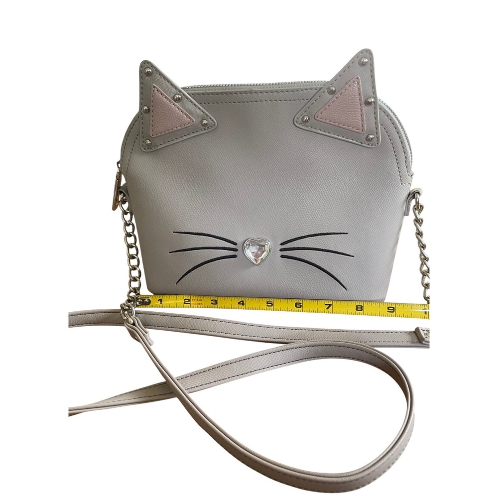 Betsey Johnson Grey Cat Face Crossbody Bag Heart Nose Studded Ears Novelty Purse - Picture 5 of 11